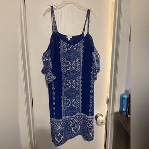 Blue and White Cold Shoulder Dress